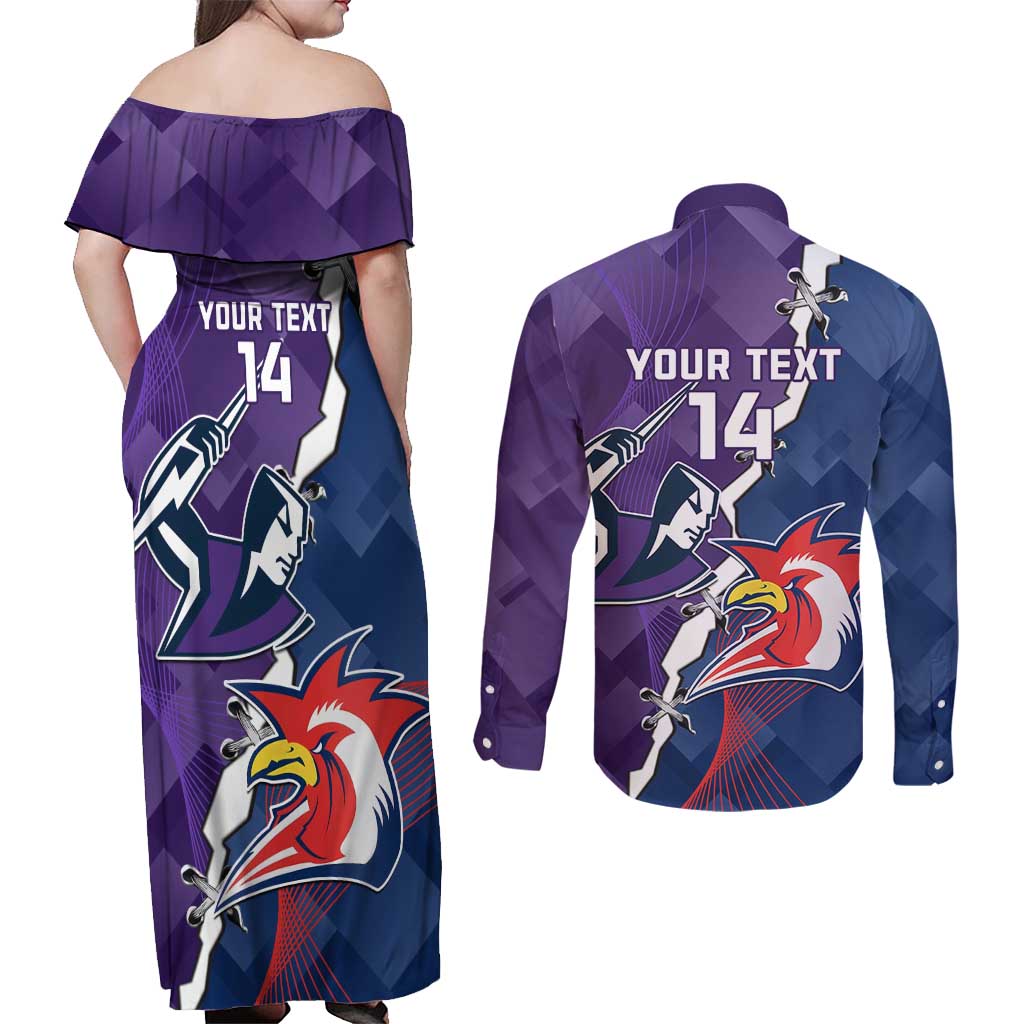 Custom NRL Storm And Roosters Rugby 2024 Couples Matching Off Shoulder Maxi Dress and Long Sleeve Button Shirt Go Champions Dynamic Version