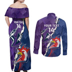 Custom NRL Storm And Roosters Rugby 2024 Couples Matching Off Shoulder Maxi Dress and Long Sleeve Button Shirt Go Champions Dynamic Version