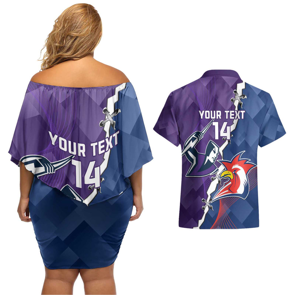 Custom NRL Storm And Roosters Rugby 2024 Couples Matching Off Shoulder Short Dress and Hawaiian Shirt Go Champions Dynamic Version
