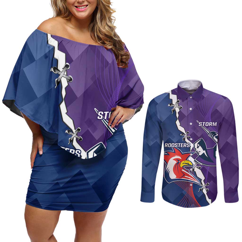 Custom NRL Storm And Roosters Rugby 2024 Couples Matching Off Shoulder Short Dress and Long Sleeve Button Shirt Go Champions Dynamic Version