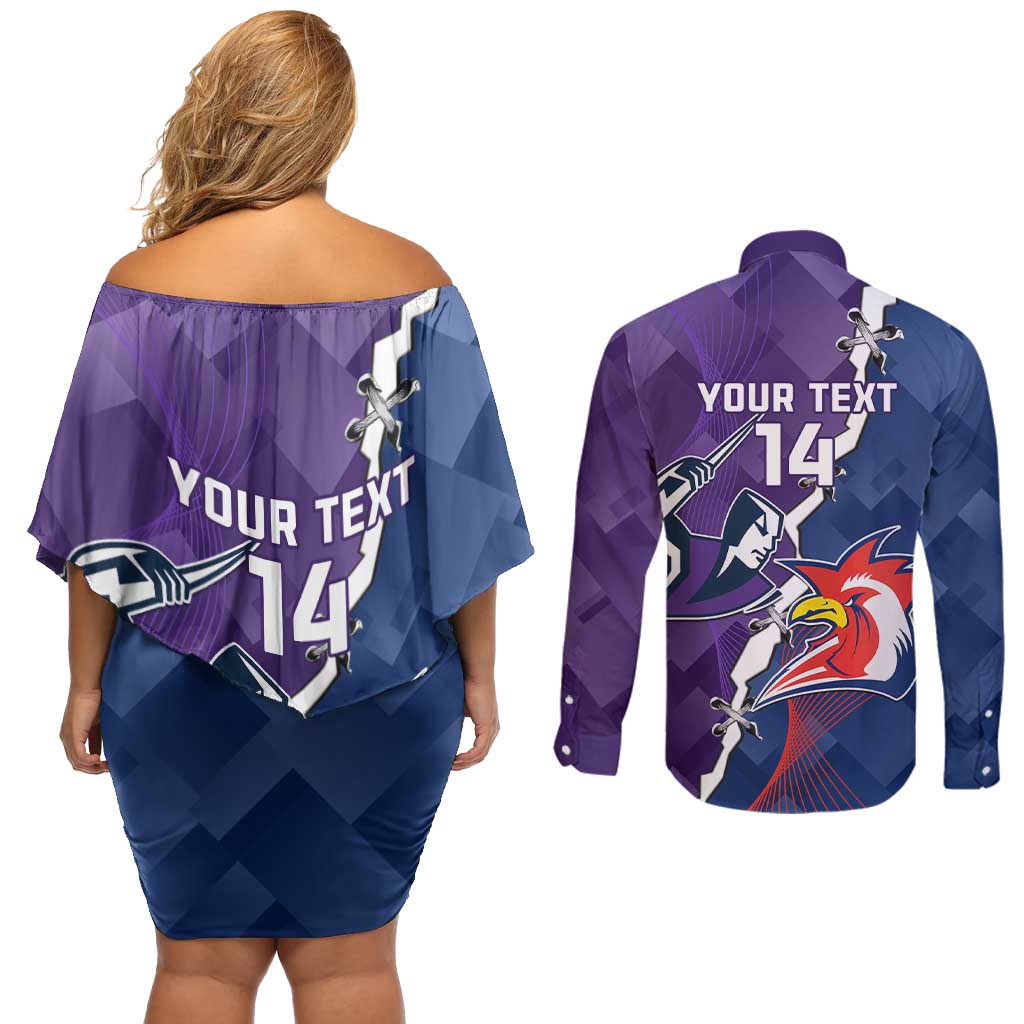 Custom NRL Storm And Roosters Rugby 2024 Couples Matching Off Shoulder Short Dress and Long Sleeve Button Shirt Go Champions Dynamic Version