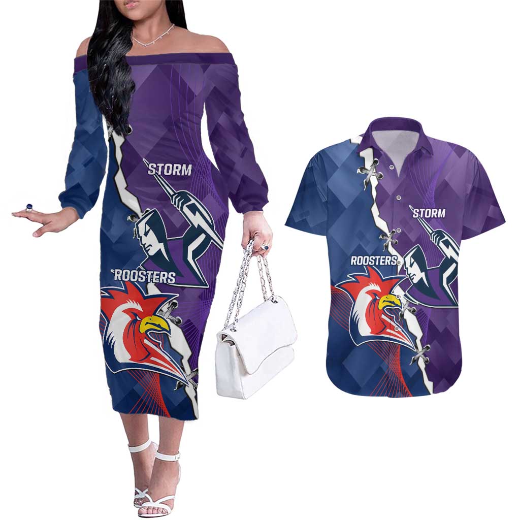 Custom NRL Storm And Roosters Rugby 2024 Couples Matching Off The Shoulder Long Sleeve Dress and Hawaiian Shirt Go Champions Dynamic Version