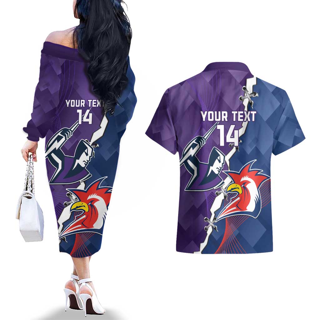 Custom NRL Storm And Roosters Rugby 2024 Couples Matching Off The Shoulder Long Sleeve Dress and Hawaiian Shirt Go Champions Dynamic Version