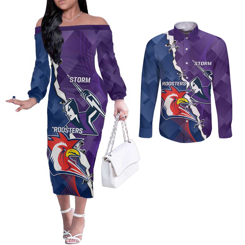 Custom NRL Storm And Roosters Rugby 2024 Couples Matching Off The Shoulder Long Sleeve Dress and Long Sleeve Button Shirt Go Champions Dynamic Version