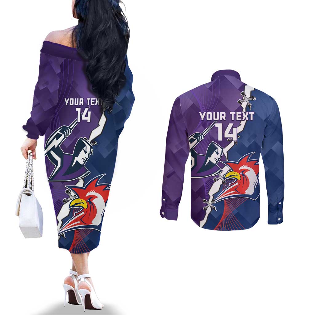 Custom NRL Storm And Roosters Rugby 2024 Couples Matching Off The Shoulder Long Sleeve Dress and Long Sleeve Button Shirt Go Champions Dynamic Version