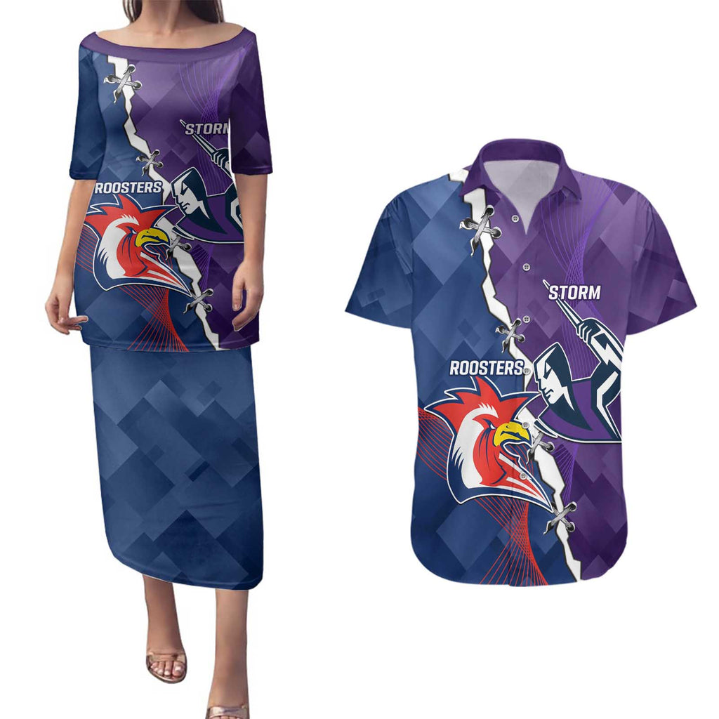 Custom NRL Storm And Roosters Rugby 2024 Couples Matching Puletasi and Hawaiian Shirt Go Champions Dynamic Version
