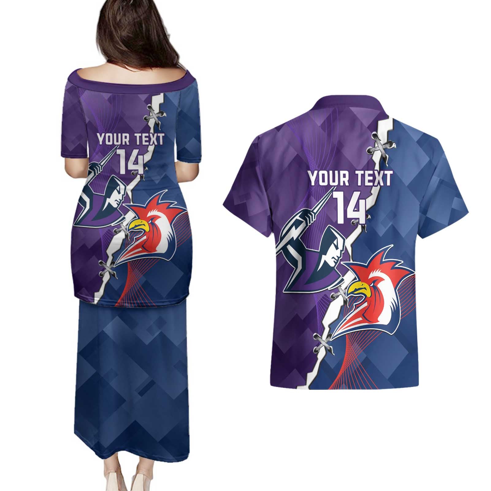 Custom NRL Storm And Roosters Rugby 2024 Couples Matching Puletasi and Hawaiian Shirt Go Champions Dynamic Version