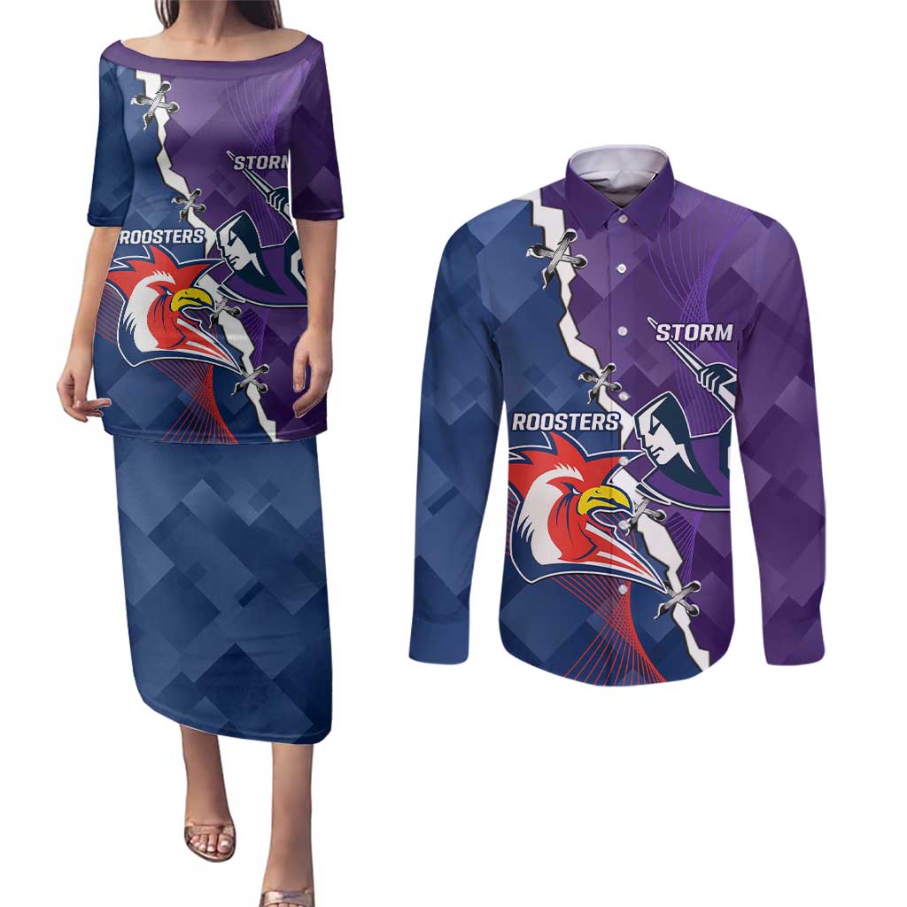 Custom NRL Storm And Roosters Rugby 2024 Couples Matching Puletasi and Long Sleeve Button Shirt Go Champions Dynamic Version