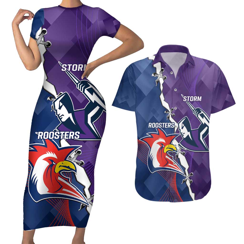 Custom NRL Storm And Roosters Rugby 2024 Couples Matching Short Sleeve Bodycon Dress and Hawaiian Shirt Go Champions Dynamic Version