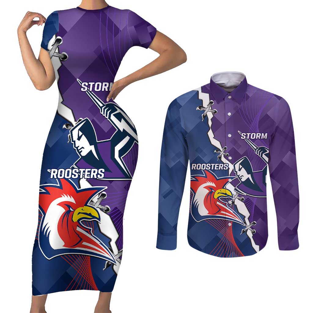 Custom NRL Storm And Roosters Rugby 2024 Couples Matching Short Sleeve Bodycon Dress and Long Sleeve Button Shirt Go Champions Dynamic Version