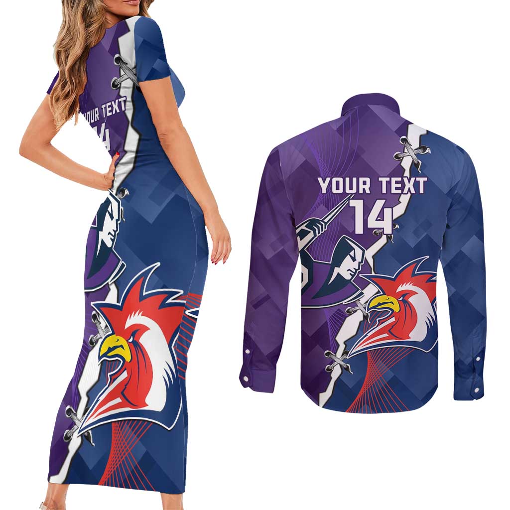 Custom NRL Storm And Roosters Rugby 2024 Couples Matching Short Sleeve Bodycon Dress and Long Sleeve Button Shirt Go Champions Dynamic Version