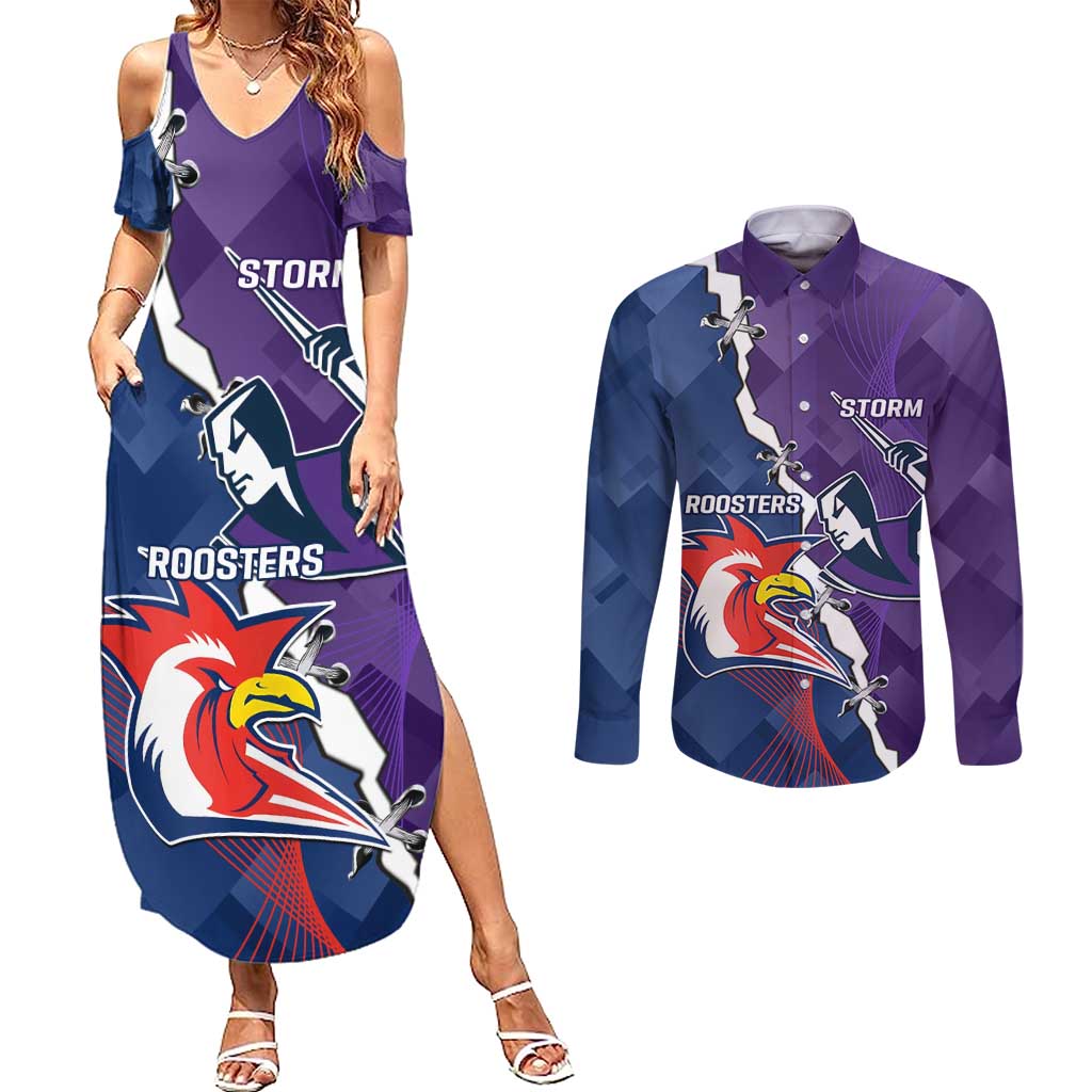 Custom NRL Storm And Roosters Rugby 2024 Couples Matching Summer Maxi Dress and Long Sleeve Button Shirt Go Champions Dynamic Version