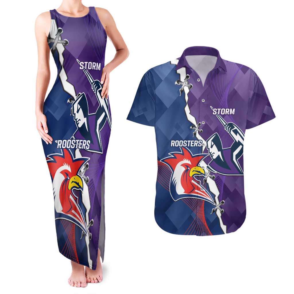 Custom NRL Storm And Roosters Rugby 2024 Couples Matching Tank Maxi Dress and Hawaiian Shirt Go Champions Dynamic Version
