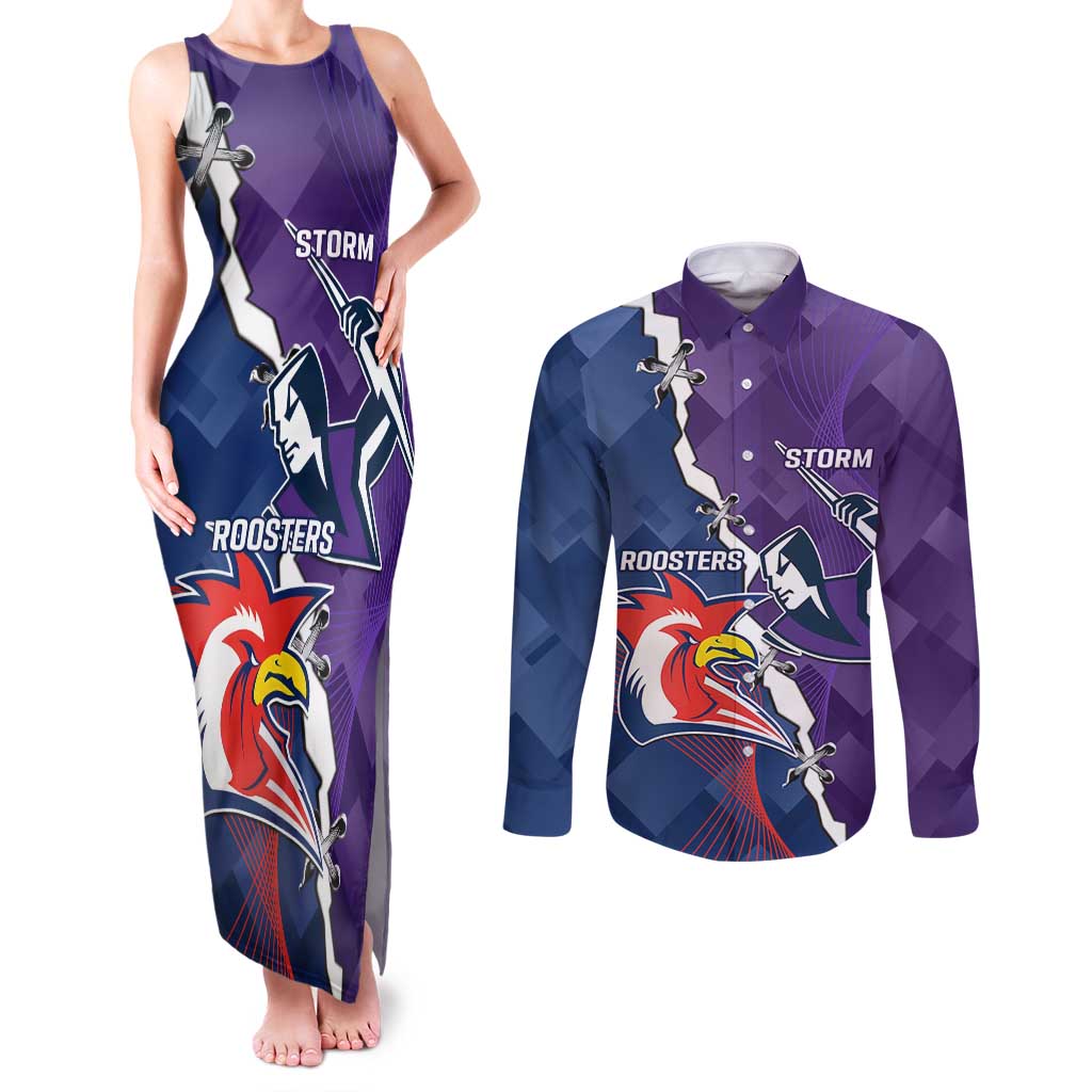 Custom NRL Storm And Roosters Rugby 2024 Couples Matching Tank Maxi Dress and Long Sleeve Button Shirt Go Champions Dynamic Version