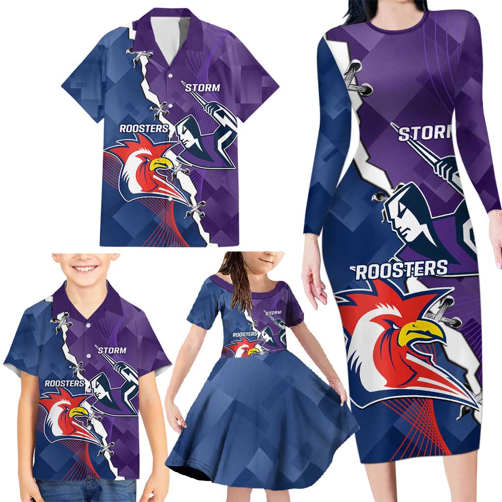 Custom NRL Storm And Roosters Rugby 2024 Family Matching Long Sleeve Bodycon Dress and Hawaiian Shirt Go Champions Dynamic Version