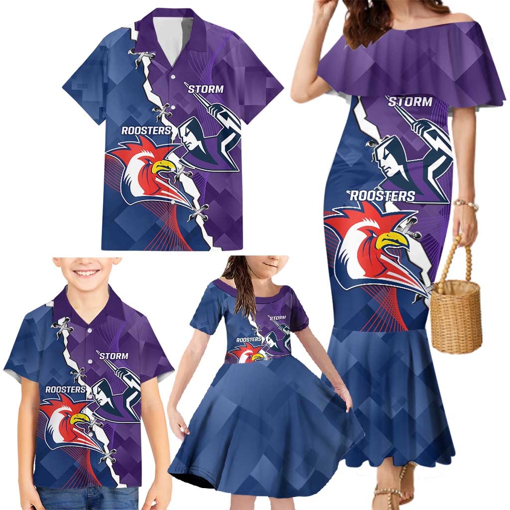Custom NRL Storm And Roosters Rugby 2024 Family Matching Mermaid Dress and Hawaiian Shirt Go Champions Dynamic Version