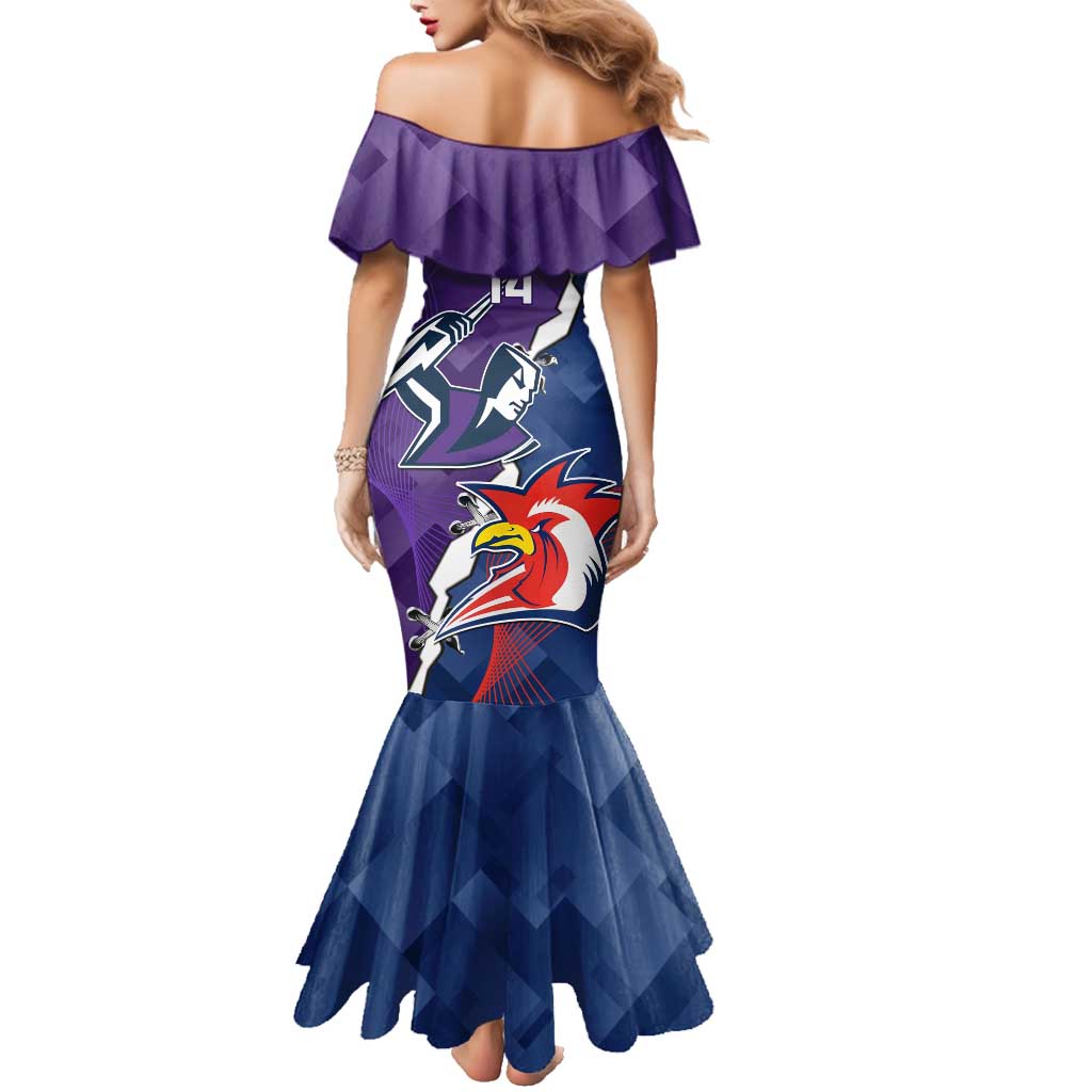 Custom NRL Storm And Roosters Rugby 2024 Family Matching Mermaid Dress and Hawaiian Shirt Go Champions Dynamic Version
