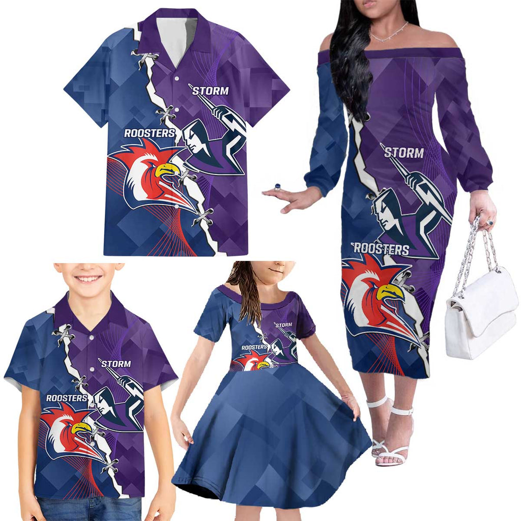 Custom NRL Storm And Roosters Rugby 2024 Family Matching Off The Shoulder Long Sleeve Dress and Hawaiian Shirt Go Champions Dynamic Version
