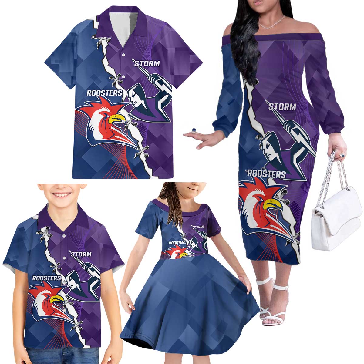 Custom NRL Storm And Roosters Rugby 2024 Family Matching Off The Shoulder Long Sleeve Dress and Hawaiian Shirt Go Champions Dynamic Version