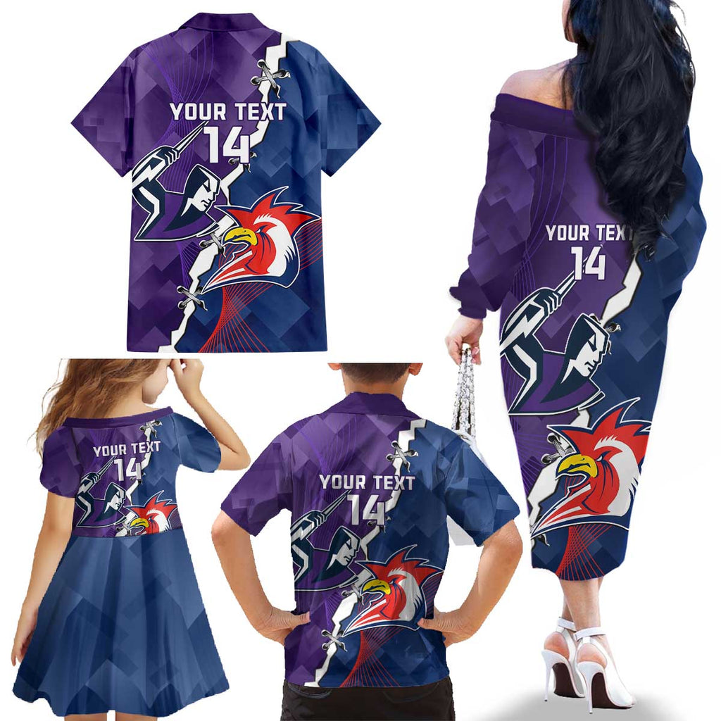 Custom NRL Storm And Roosters Rugby 2024 Family Matching Off The Shoulder Long Sleeve Dress and Hawaiian Shirt Go Champions Dynamic Version