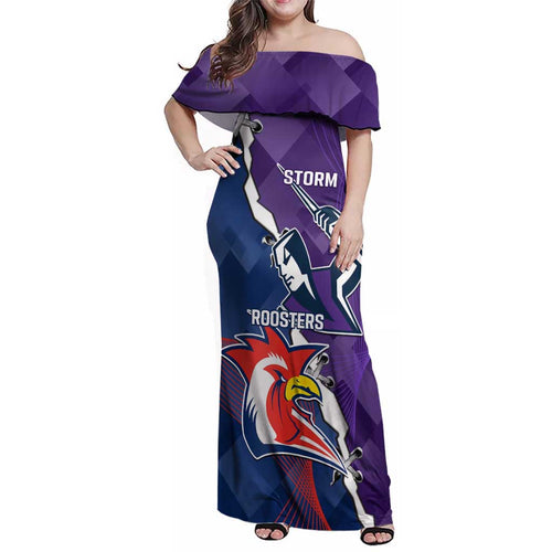 Custom NRL Storm And Roosters Rugby 2024 Family Matching Off Shoulder Maxi Dress and Hawaiian Shirt Go Champions Dynamic Version