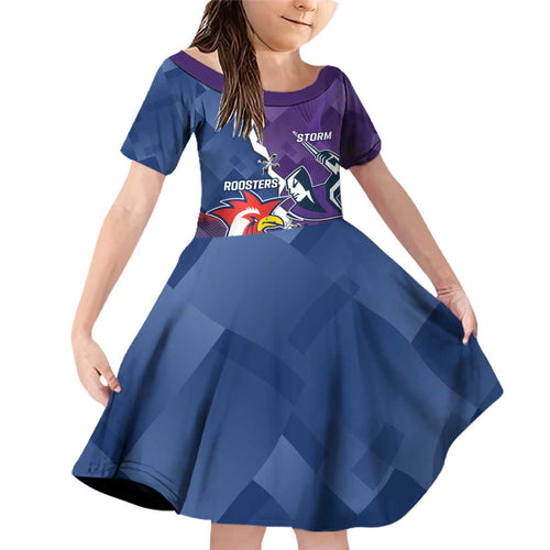 Custom NRL Storm And Roosters Rugby 2024 Family Matching Off Shoulder Short Dress and Hawaiian Shirt Go Champions Dynamic Version