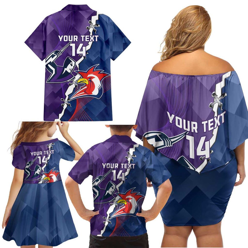 Custom NRL Storm And Roosters Rugby 2024 Family Matching Off Shoulder Short Dress and Hawaiian Shirt Go Champions Dynamic Version