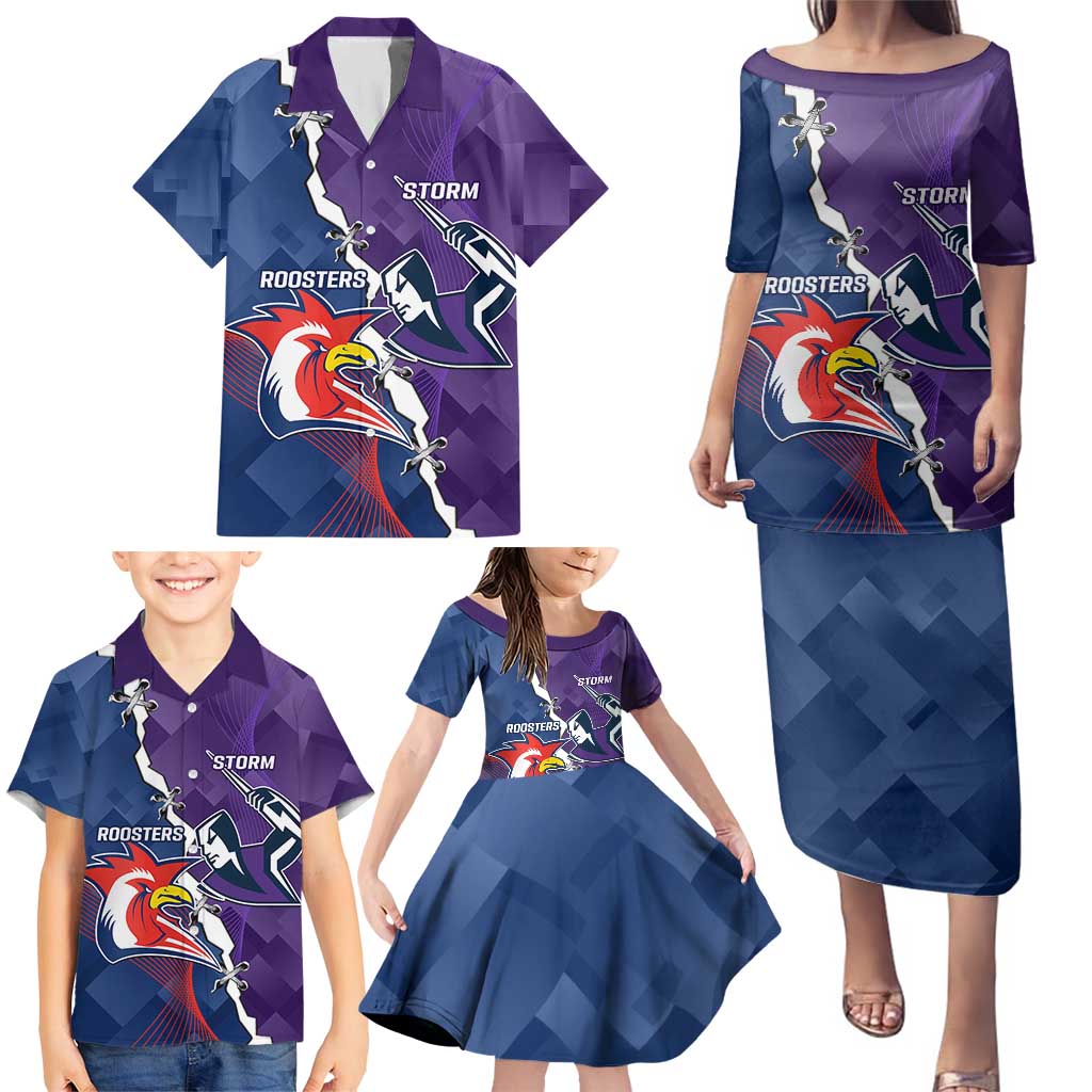 Custom NRL Storm And Roosters Rugby 2024 Family Matching Puletasi and Hawaiian Shirt Go Champions Dynamic Version