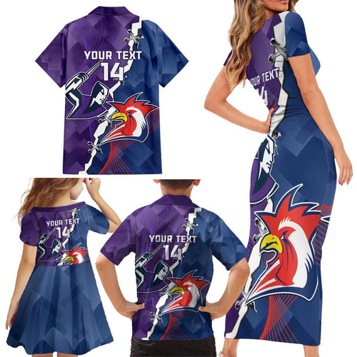 Custom NRL Storm And Roosters Rugby 2024 Family Matching Short Sleeve Bodycon Dress and Hawaiian Shirt Go Champions Dynamic Version