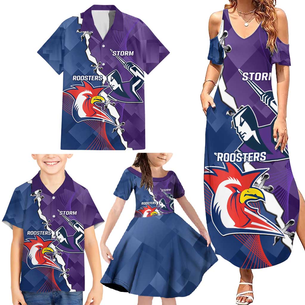 Custom NRL Storm And Roosters Rugby 2024 Family Matching Summer Maxi Dress and Hawaiian Shirt Go Champions Dynamic Version