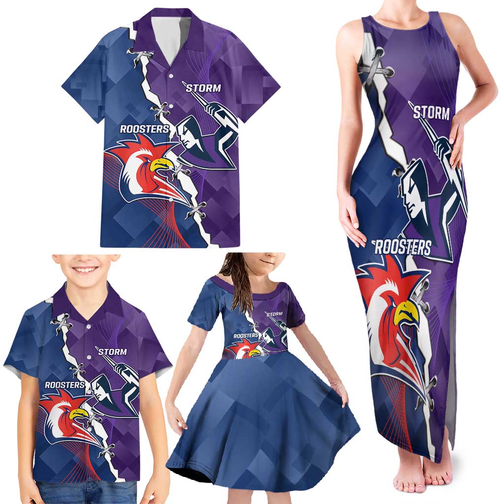 Custom NRL Storm And Roosters Rugby 2024 Family Matching Tank Maxi Dress and Hawaiian Shirt Go Champions Dynamic Version