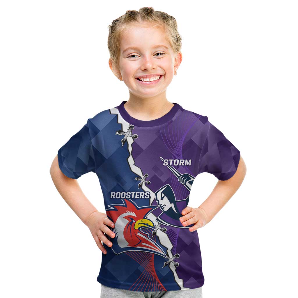 Custom NRL Storm And Roosters Rugby 2024 Kid T Shirt Go Champions Dynamic Version