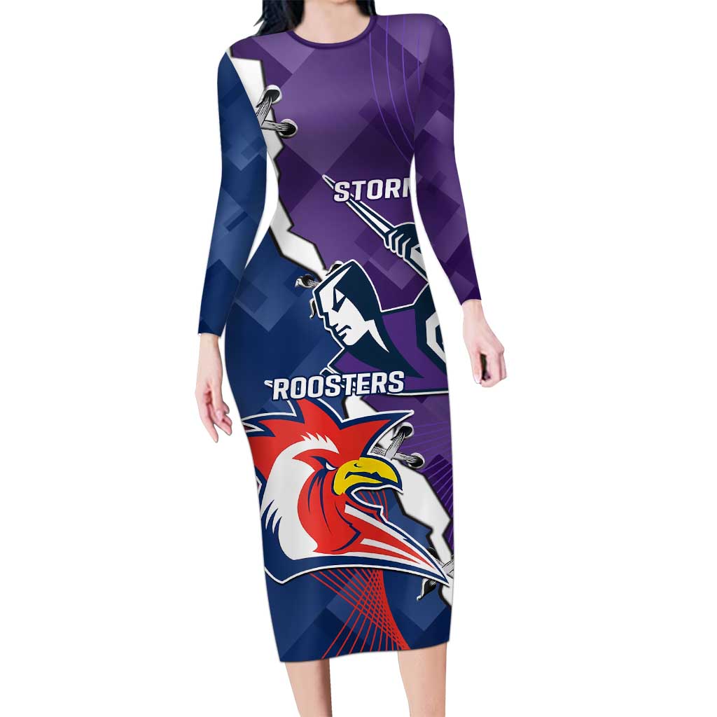 Custom NRL Storm And Roosters Rugby 2024 Long Sleeve Bodycon Dress Go Champions Dynamic Version