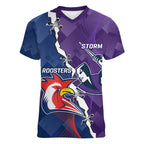 Custom NRL Storm And Roosters Rugby 2024 Women V-Neck T-Shirt Go Champions Dynamic Version