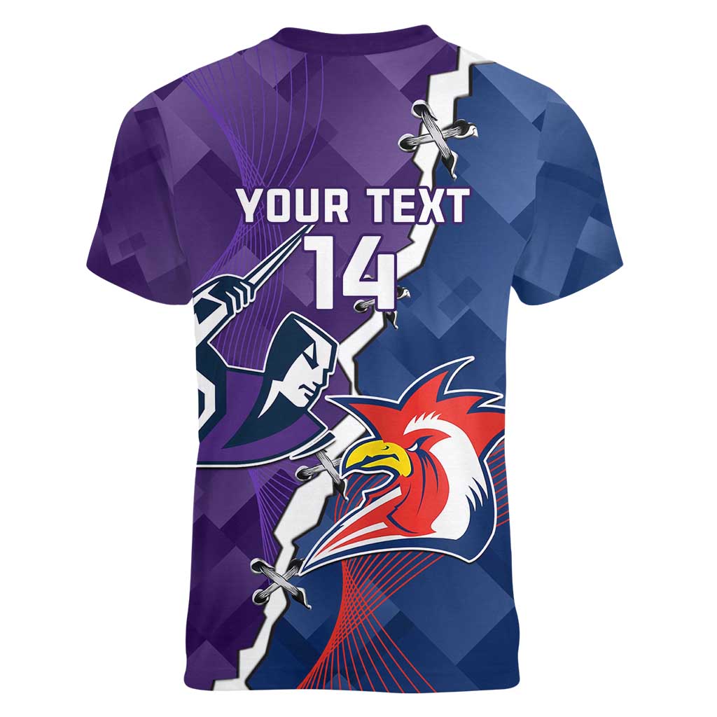 Custom NRL Storm And Roosters Rugby 2024 Women V-Neck T-Shirt Go Champions Dynamic Version