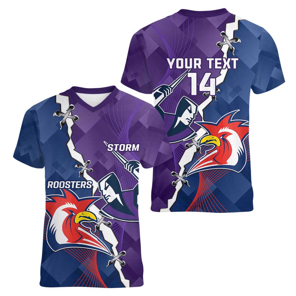 Custom NRL Storm And Roosters Rugby 2024 Women V-Neck T-Shirt Go Champions Dynamic Version