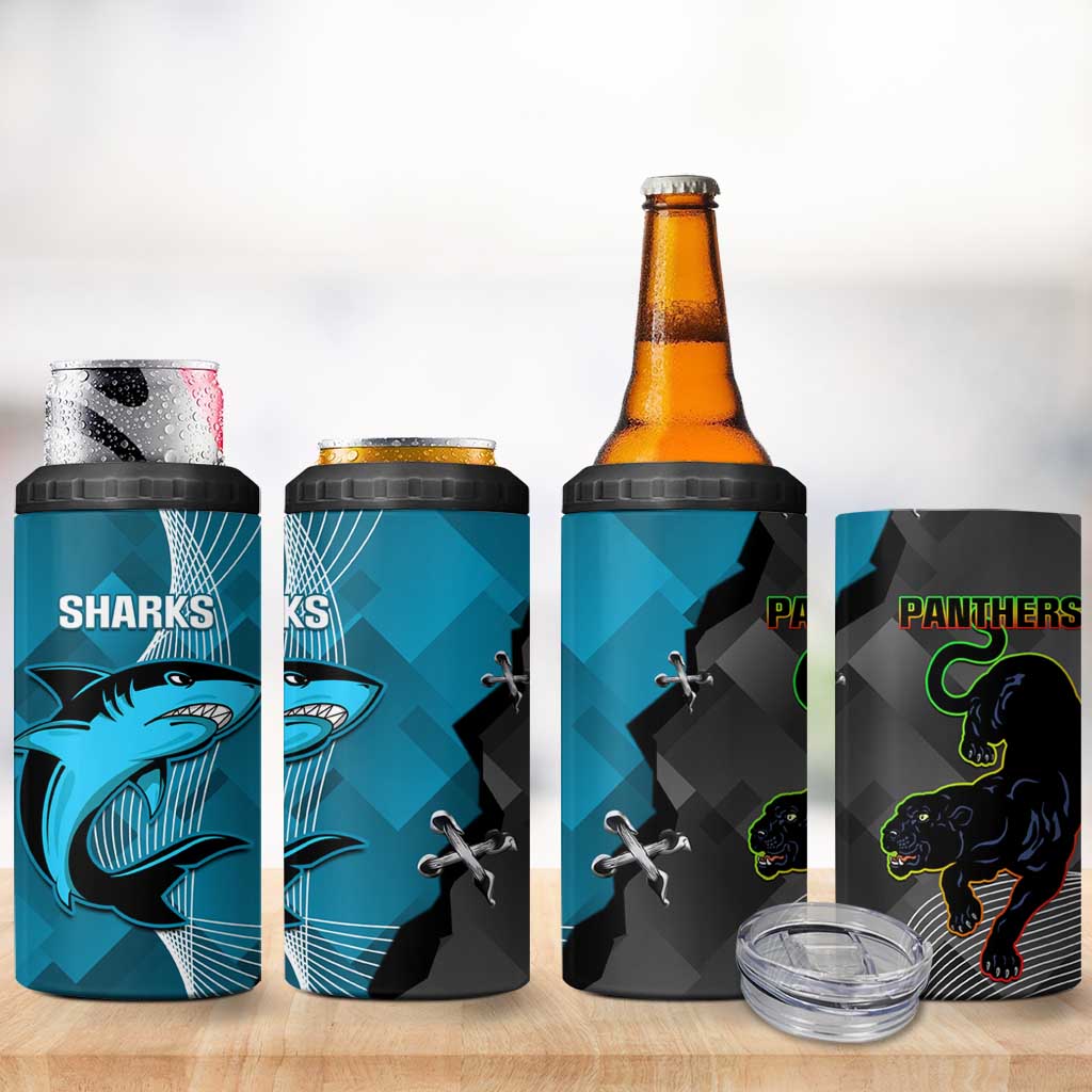 NRL Panthers And Sharks Rugby 2024 4 in 1 Can Cooler Tumbler Go Champions Dynamic Version