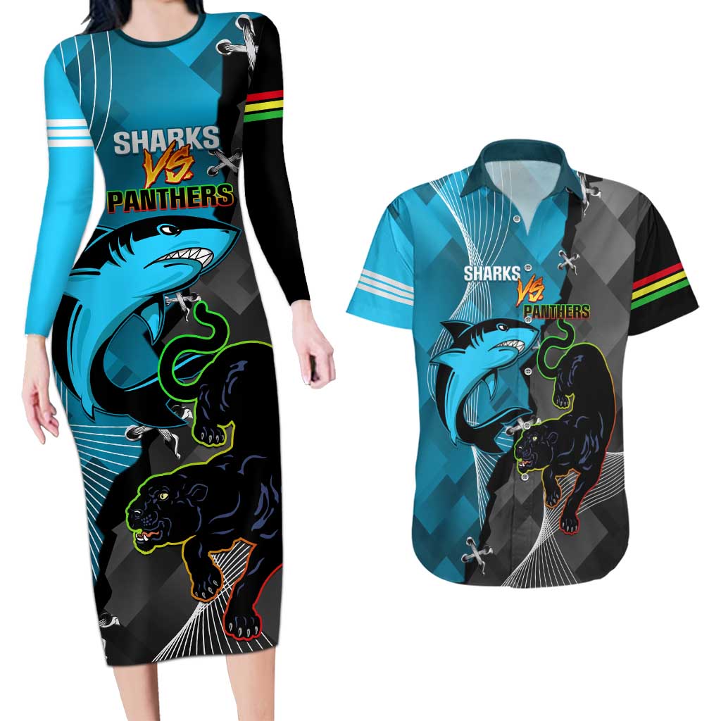 Custom NRL Panthers And Sharks Rugby 2024 Couples Matching Long Sleeve Bodycon Dress and Hawaiian Shirt Go Champions Dynamic Version