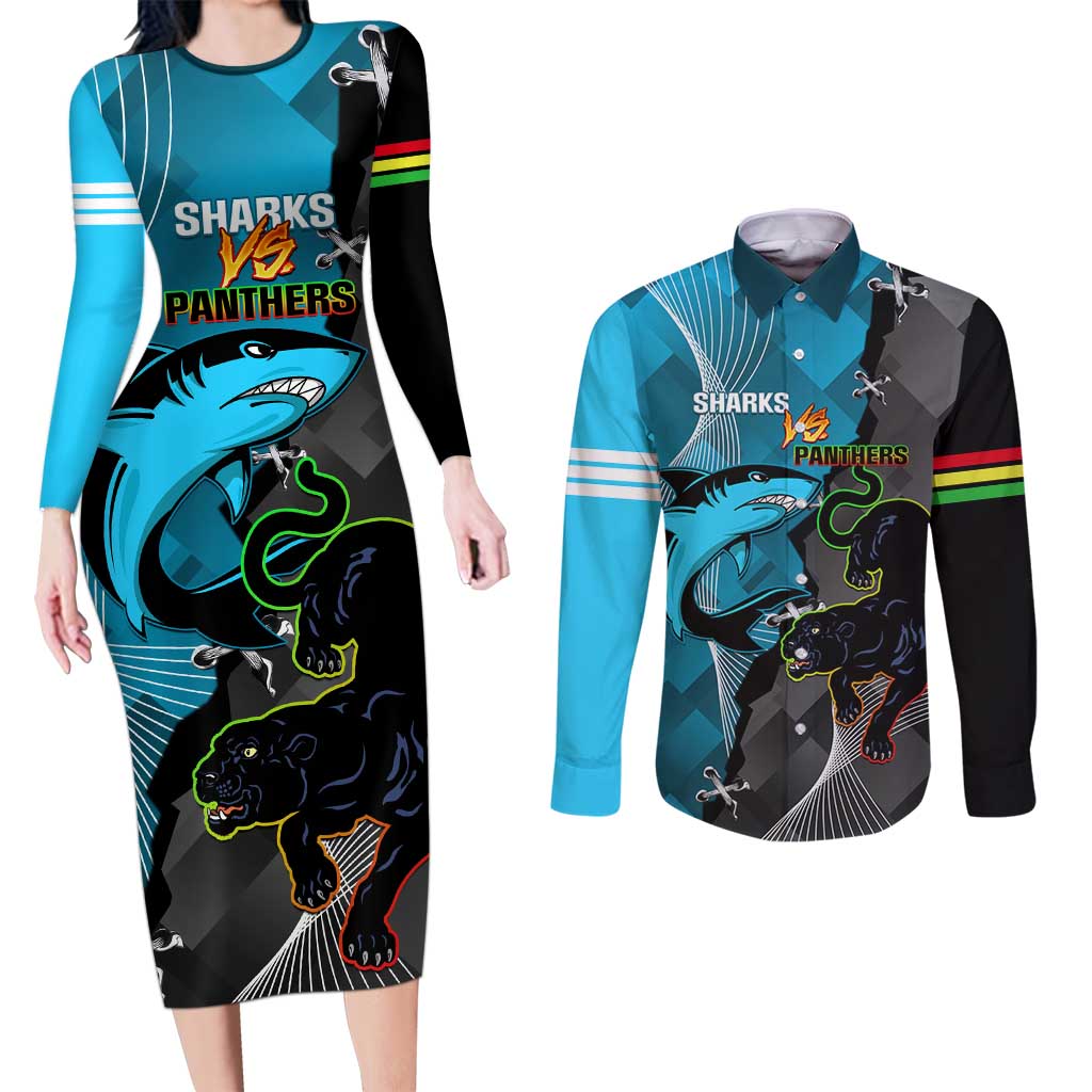 Custom NRL Panthers And Sharks Rugby 2024 Couples Matching Long Sleeve Bodycon Dress and Long Sleeve Button Shirt Go Champions Dynamic Version