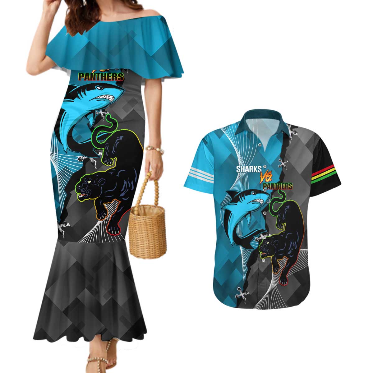 Custom NRL Panthers And Sharks Rugby 2024 Couples Matching Mermaid Dress and Hawaiian Shirt Go Champions Dynamic Version