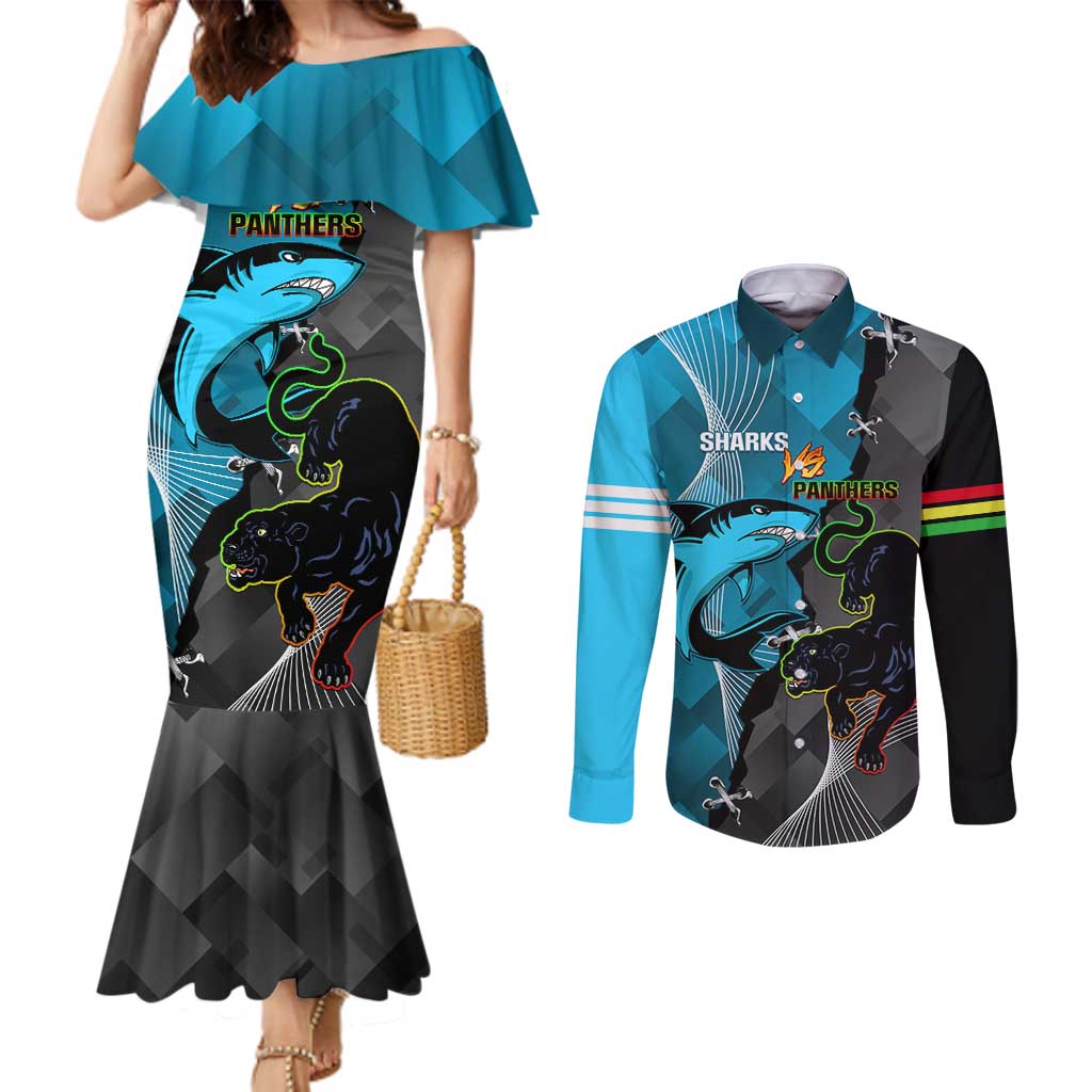 Custom NRL Panthers And Sharks Rugby 2024 Couples Matching Mermaid Dress and Long Sleeve Button Shirt Go Champions Dynamic Version