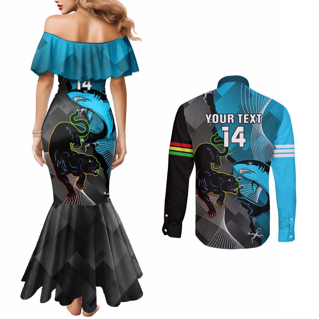 Custom NRL Panthers And Sharks Rugby 2024 Couples Matching Mermaid Dress and Long Sleeve Button Shirt Go Champions Dynamic Version