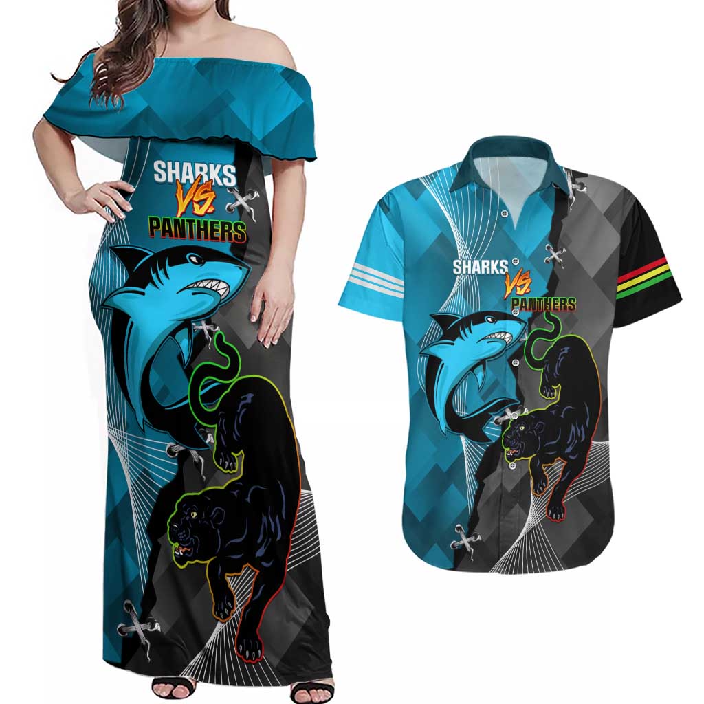 Custom NRL Panthers And Sharks Rugby 2024 Couples Matching Off Shoulder Maxi Dress and Hawaiian Shirt Go Champions Dynamic Version