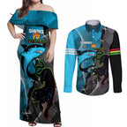 Custom NRL Panthers And Sharks Rugby 2024 Couples Matching Off Shoulder Maxi Dress and Long Sleeve Button Shirt Go Champions Dynamic Version