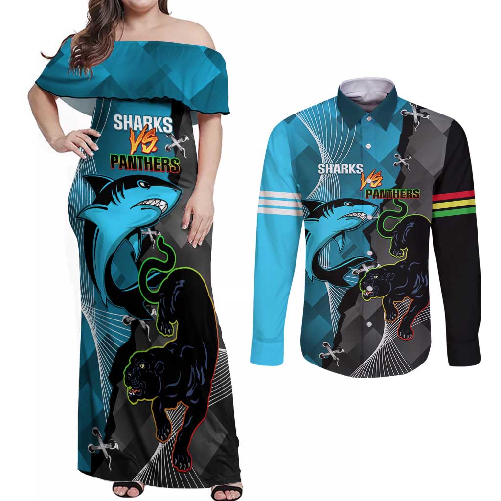 Custom NRL Panthers And Sharks Rugby 2024 Couples Matching Off Shoulder Maxi Dress and Long Sleeve Button Shirt Go Champions Dynamic Version
