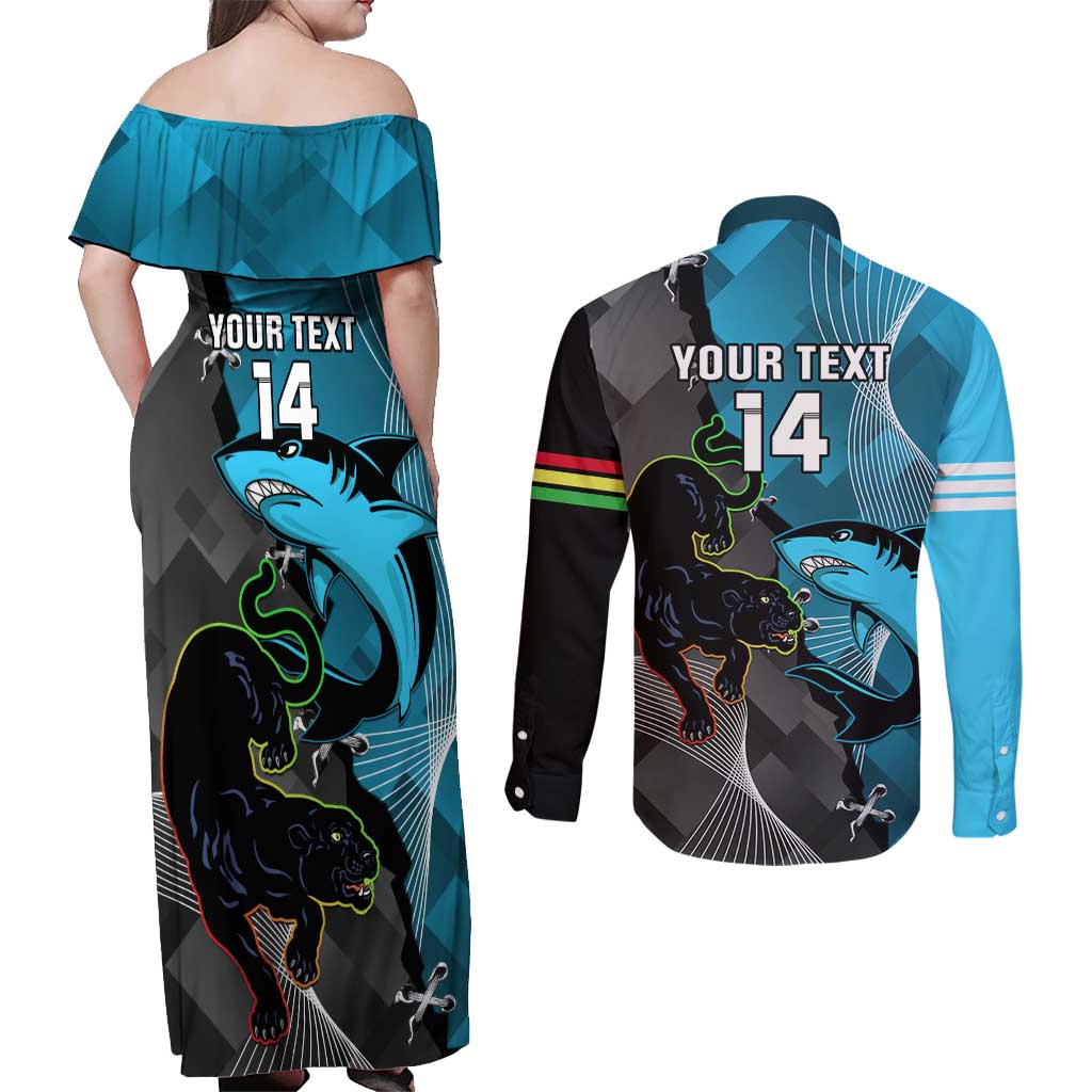 Custom NRL Panthers And Sharks Rugby 2024 Couples Matching Off Shoulder Maxi Dress and Long Sleeve Button Shirt Go Champions Dynamic Version