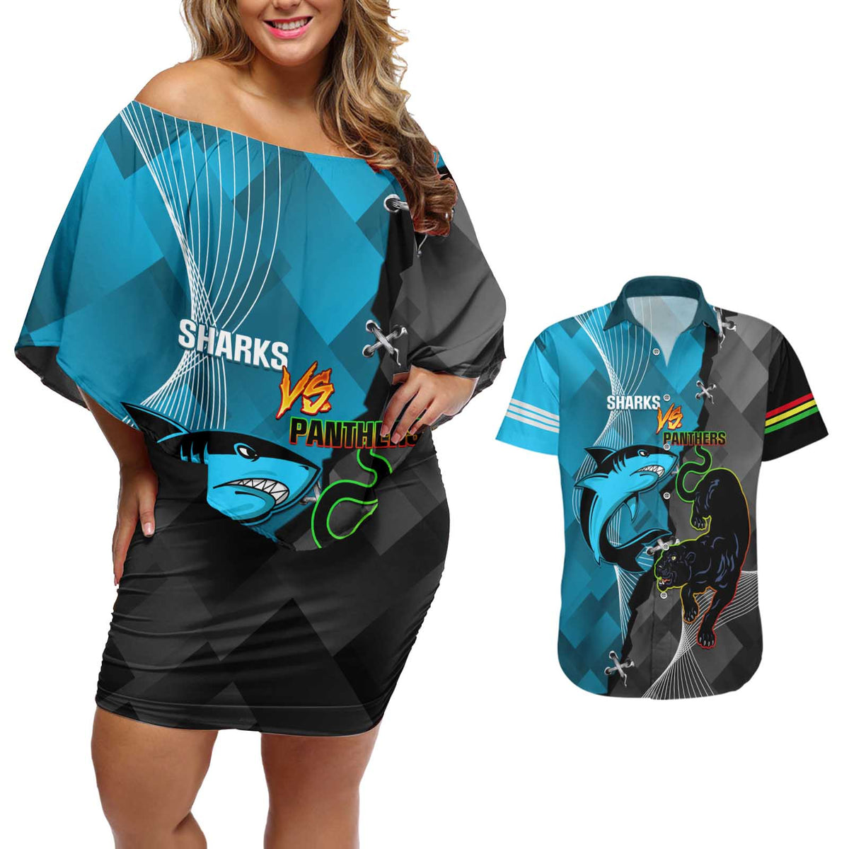 Custom NRL Panthers And Sharks Rugby 2024 Couples Matching Off Shoulder Short Dress and Hawaiian Shirt Go Champions Dynamic Version