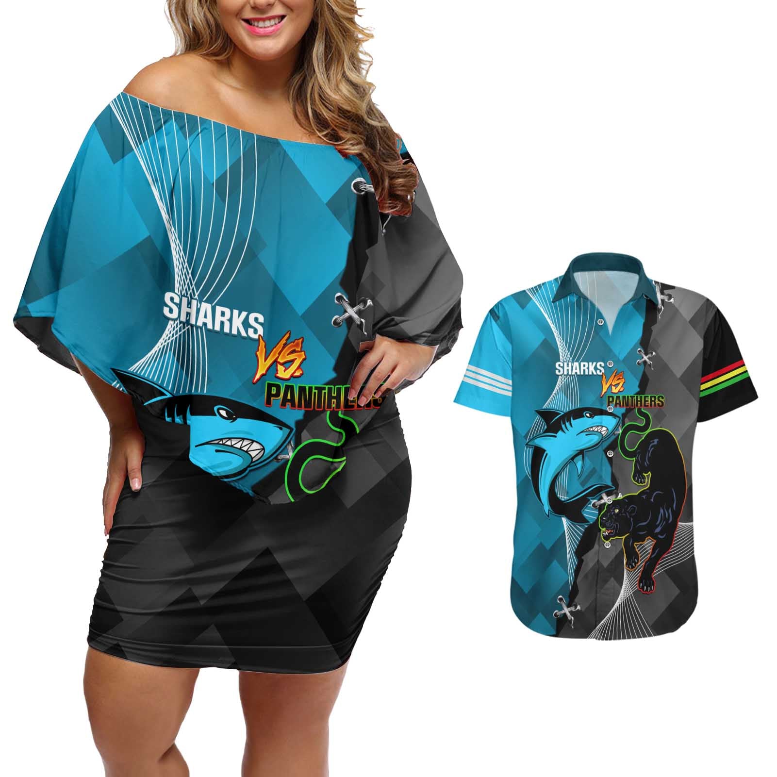Custom NRL Panthers And Sharks Rugby 2024 Couples Matching Off Shoulder Short Dress and Hawaiian Shirt Go Champions Dynamic Version