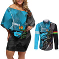 Custom NRL Panthers And Sharks Rugby 2024 Couples Matching Off Shoulder Short Dress and Long Sleeve Button Shirt Go Champions Dynamic Version