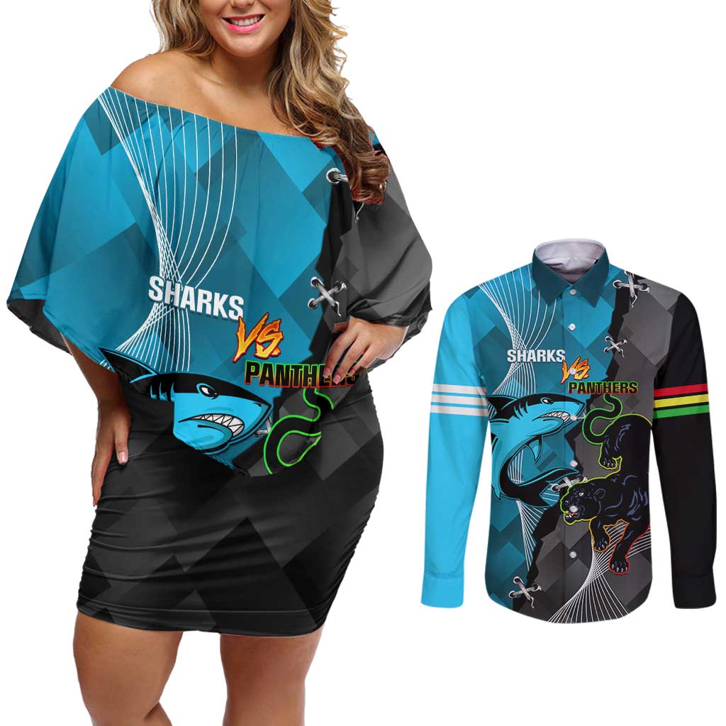Custom NRL Panthers And Sharks Rugby 2024 Couples Matching Off Shoulder Short Dress and Long Sleeve Button Shirt Go Champions Dynamic Version